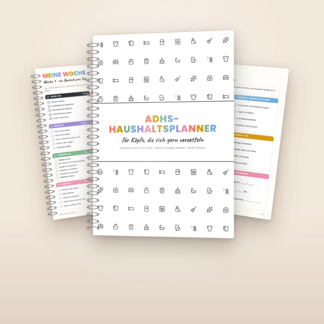 ADHS-Haushaltsplaner: das Cover und die Seiten „Meine Woche“ und „Badezimmer“